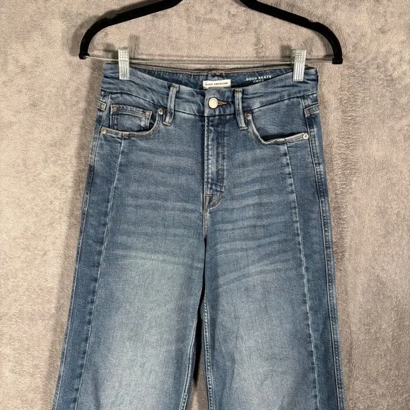 Good American Good Skate Crop Jeans Womens 0/25 Blue High Rise Wide Leg Raw Hem - Picture 8 of 14